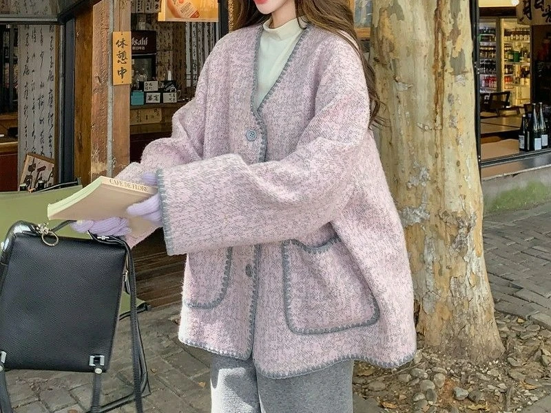 Pink Loose Woolen Coat Women's 2026 Autumn and Winter New Sweet Woolen Coat