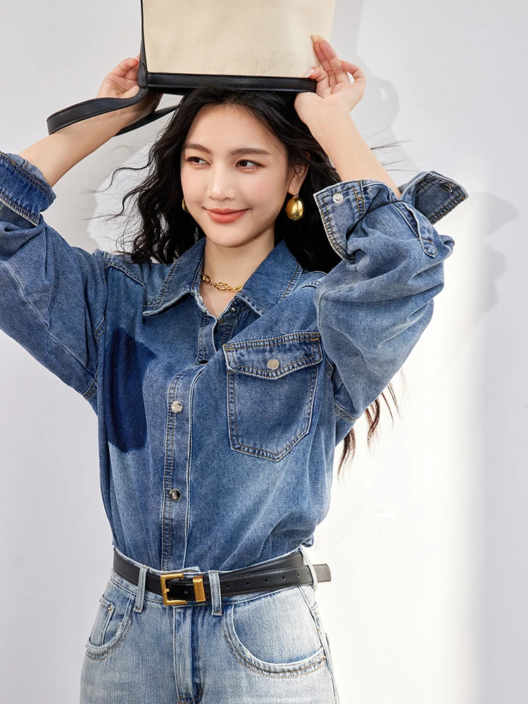 Korean Style Fashion Denim Blouse Women Elegant Lapel Long-Sleeved Shirt Chic Design Jean Shirts Autumn Single-Breasted Tops