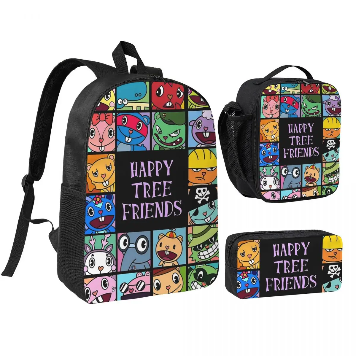 Happy Tree Friends Backpack Student BookBag School Bag Shoulder Bags 3ps Insulated Lunch Bag Pencil Case