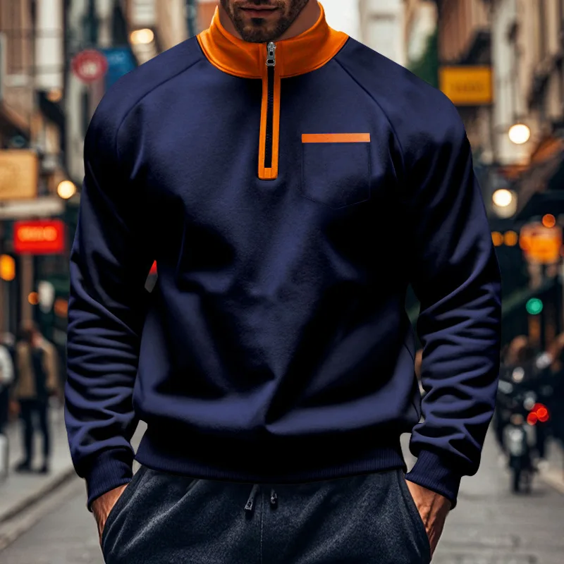 Men-Fleece-Lined-Half-Zip-Sweatshirt-Stand-Collar-Color-Block-Pocket-Pullover-Autumn-Winter-Loose-Casual-Warm-Long-Sleeve-Tops
