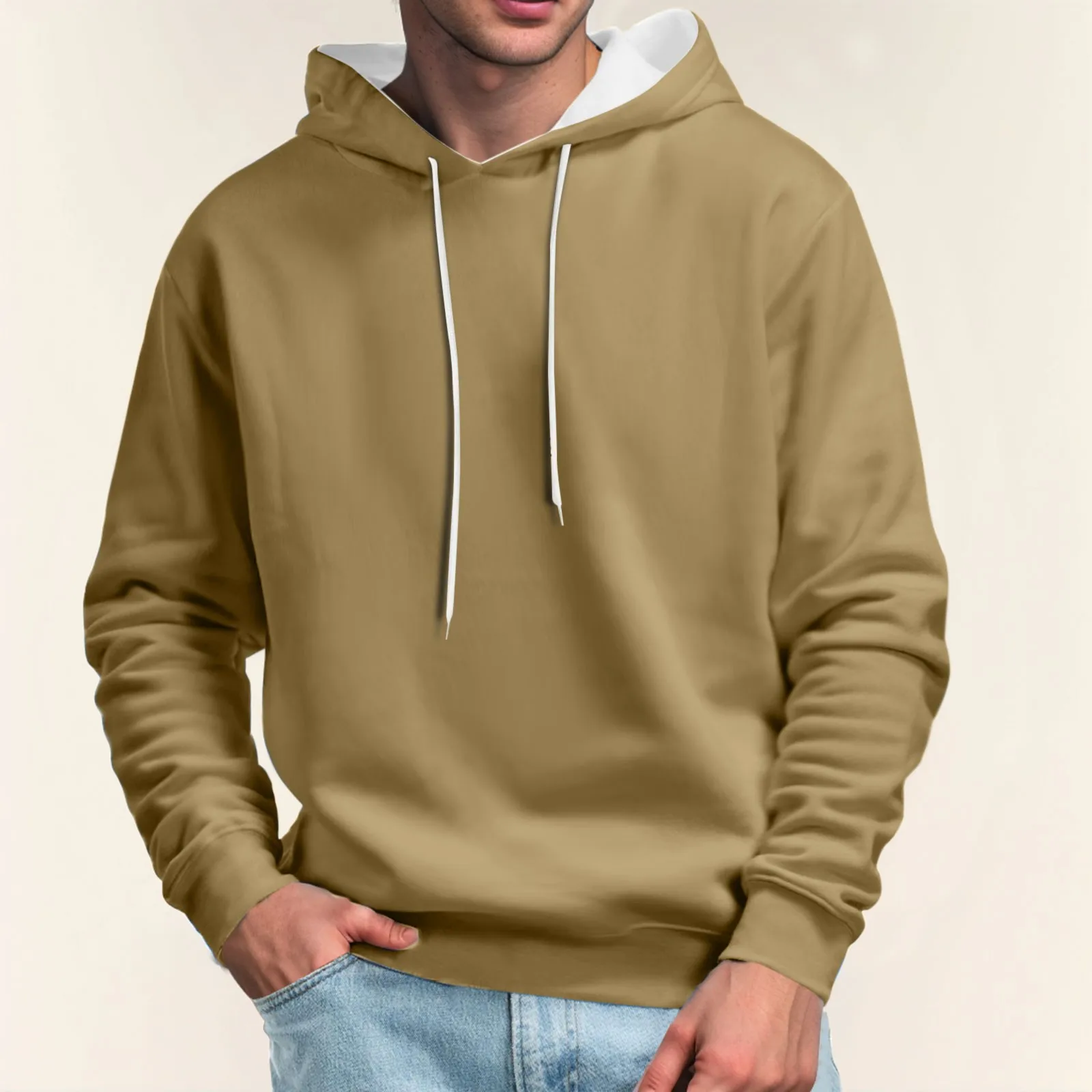 

2024 Winter Men's Pullover Long Sleeve Solid Color Hoodies Loose Fit Casual Workout Hooded Sweatshirt Tops with Pockets