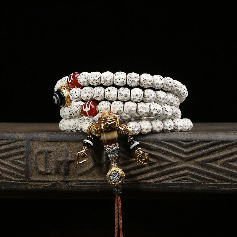 Moon Bodhi Seed 108 Buddhist Bracelet with Agate Inlay and Dzi Bead Accessories