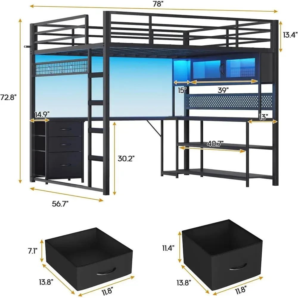 L-Shaped Desk Gaming Bed with Acrylic RGB Cabinet, Safety Power Outlet, Metal Bed Frame, Storage Drawers, Guardrail, Ideal for T