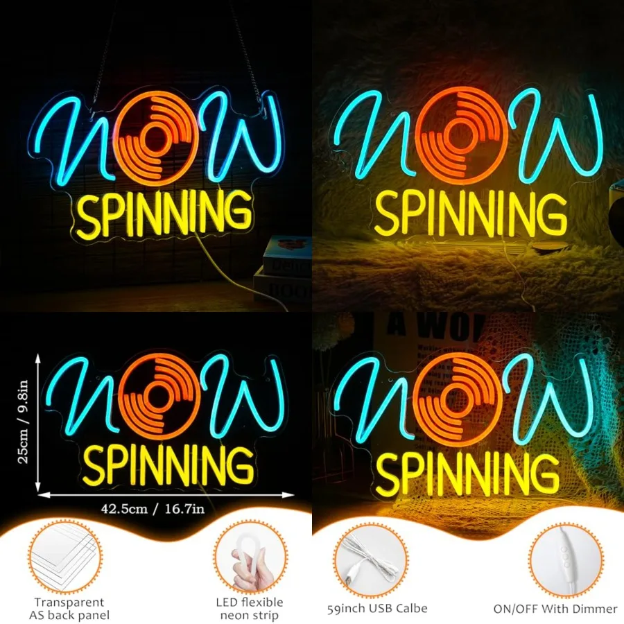 

Record Neon Sign for Wall Decor Vintage Music Studio Neon Light Wall Art Dimmable Led Now Spinning Music Light Up Sign for Bar