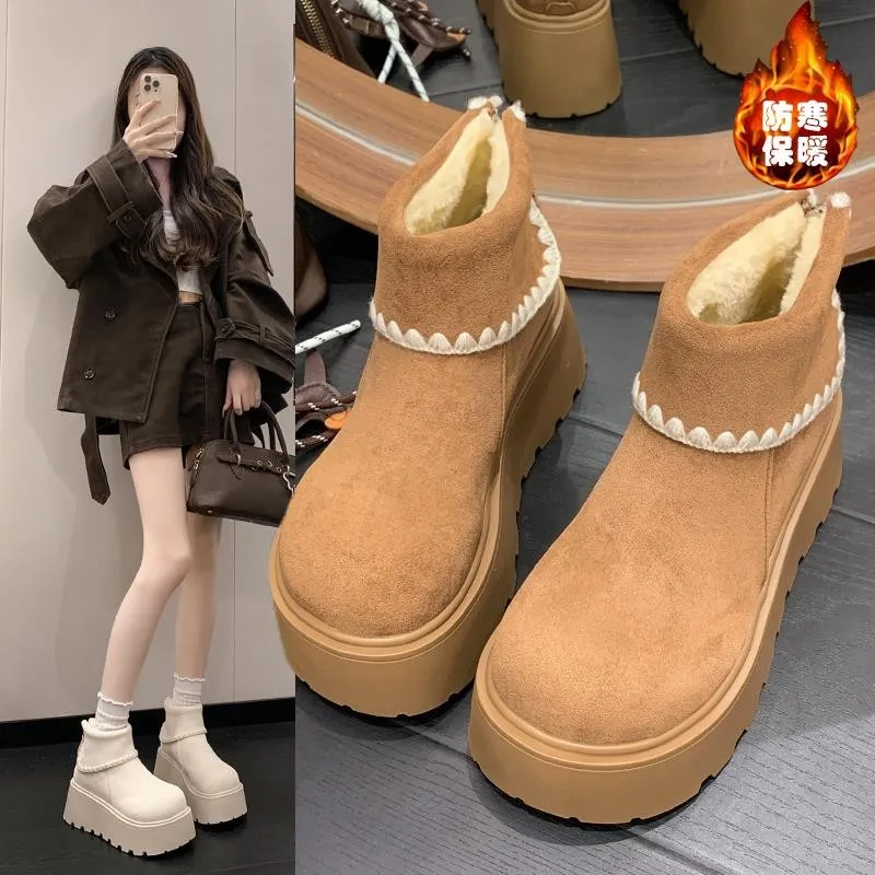 

Winter Fashion Platform Heels Women Snow Boots Outdoor Concise Height Increase Keep Warm Short Booties