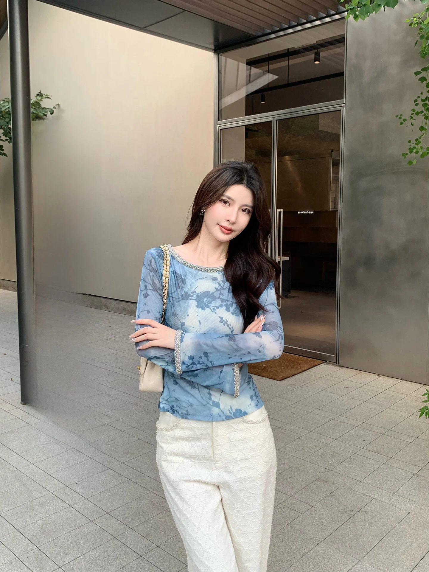 

Blue Long Sve Printed irt Women's Waist Cinched Faionable Bell Sve New Spring Casual Sle Polyester Fabric irt