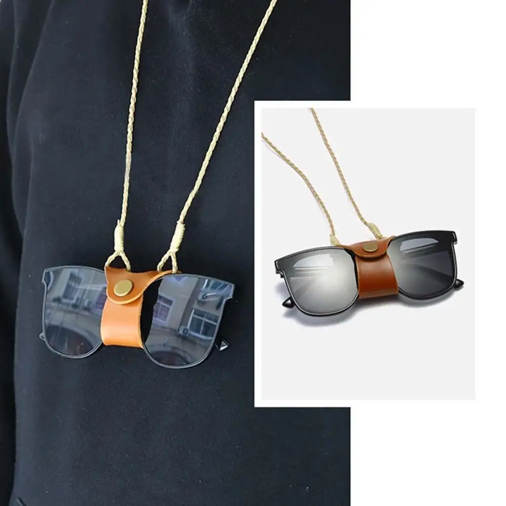 Straps Women Glasses Protection Cover Men Leather Eyewear Cases Mini Glasses Bags Hanging Neck Clip Glasses Lanyard