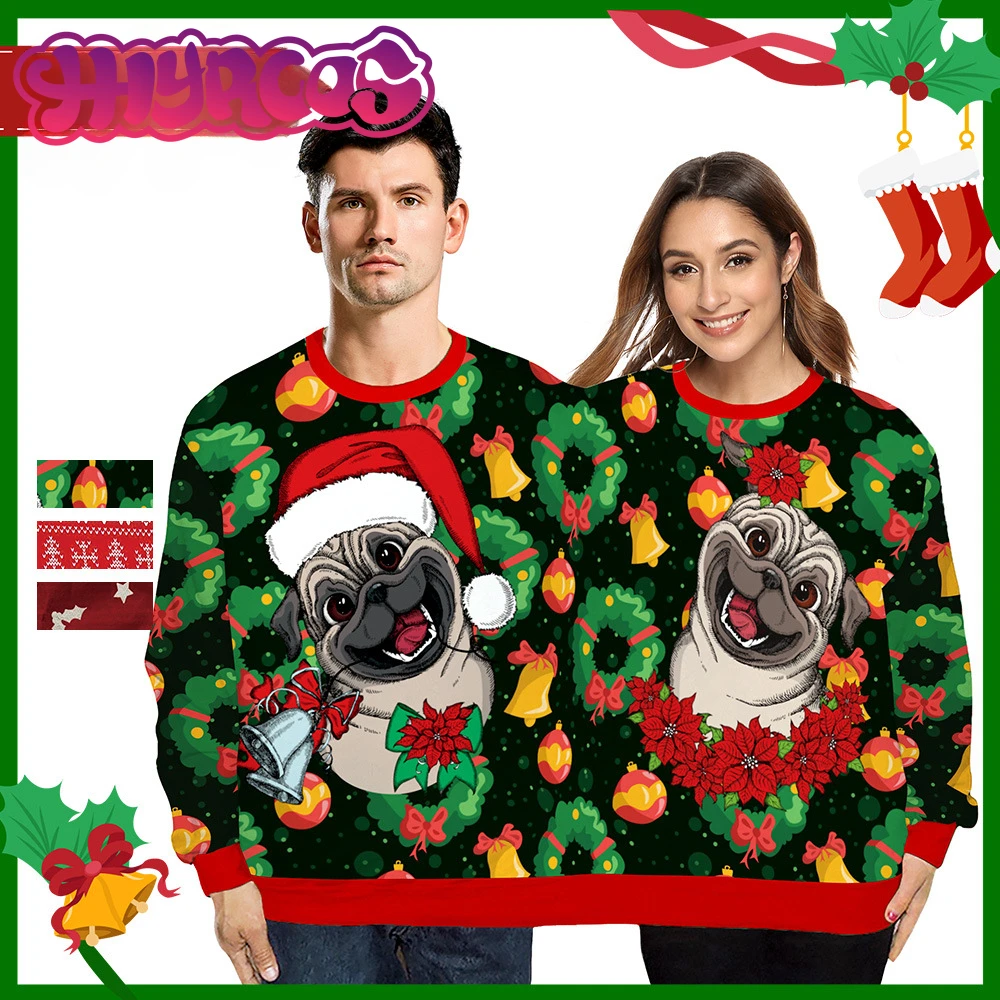 Double Christmas Sweater Holiday Spoof 3D Digital Printing Couples Two-piece Ugly Christmas Sweater Siamese Crew Autumn Winter