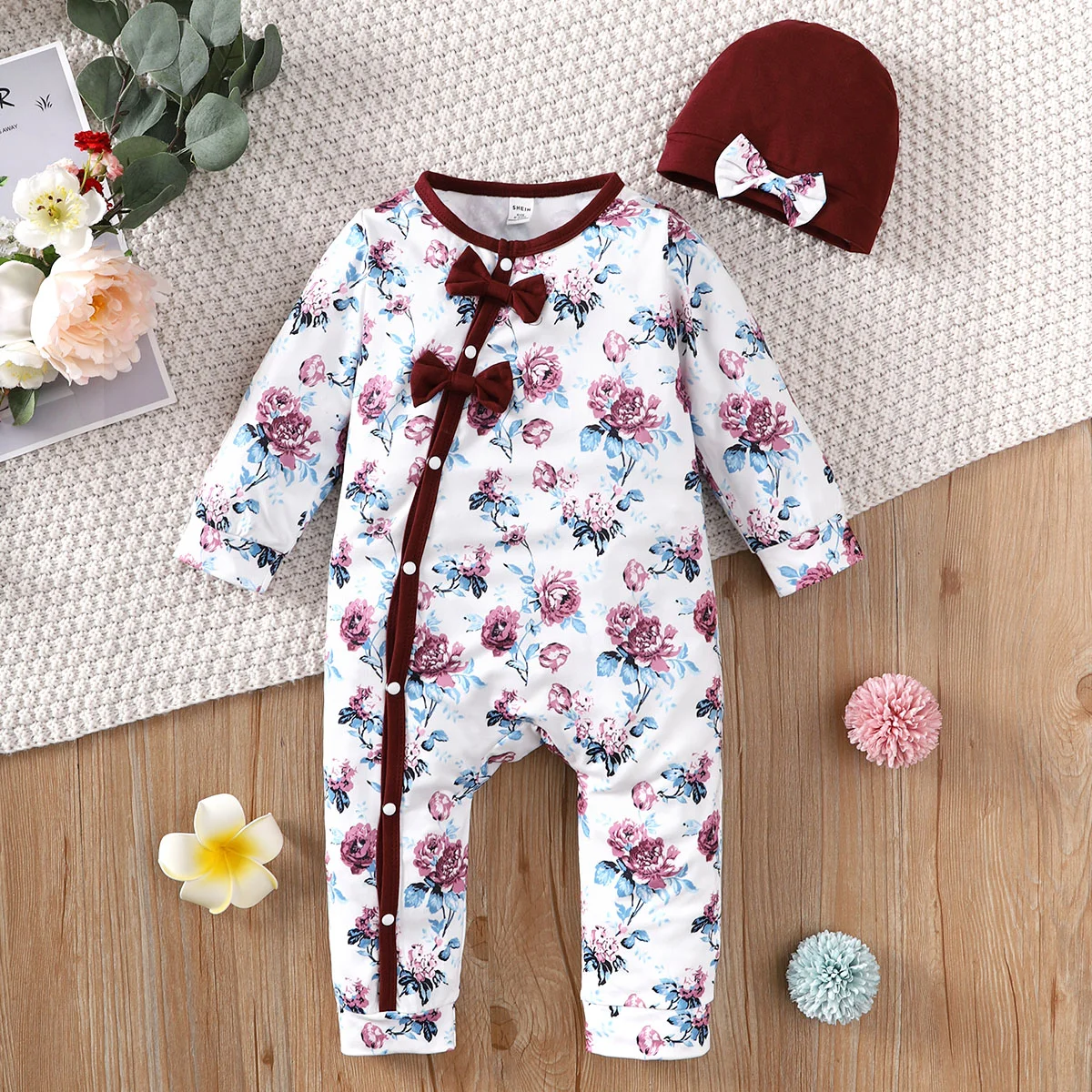 Baby girl Bodysuit open button floral full print long sleeved Bodysuit+Hat 0-24 months newborn Baby girl spring autumn Bodysuit