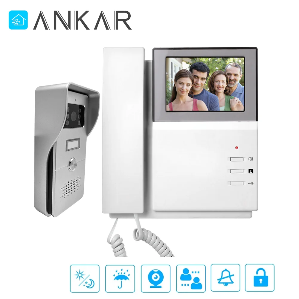 Ankartech 4 Wire Villa Intercom with Handset House Video Door Phone Kit with Name badge Support Second Indoor Handset