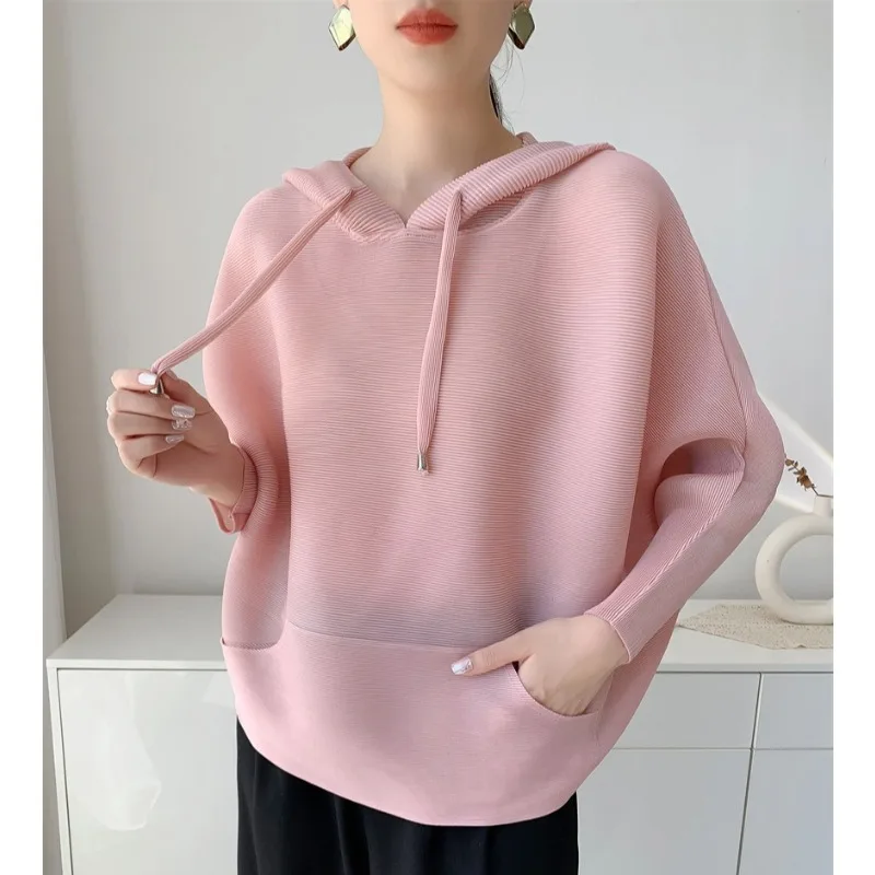  Pleated Hoodie 2026 New Fashion Versatile Casual Simple Long Sleeve Top T-Shirt Women's Lightweight Stretchy Clothing