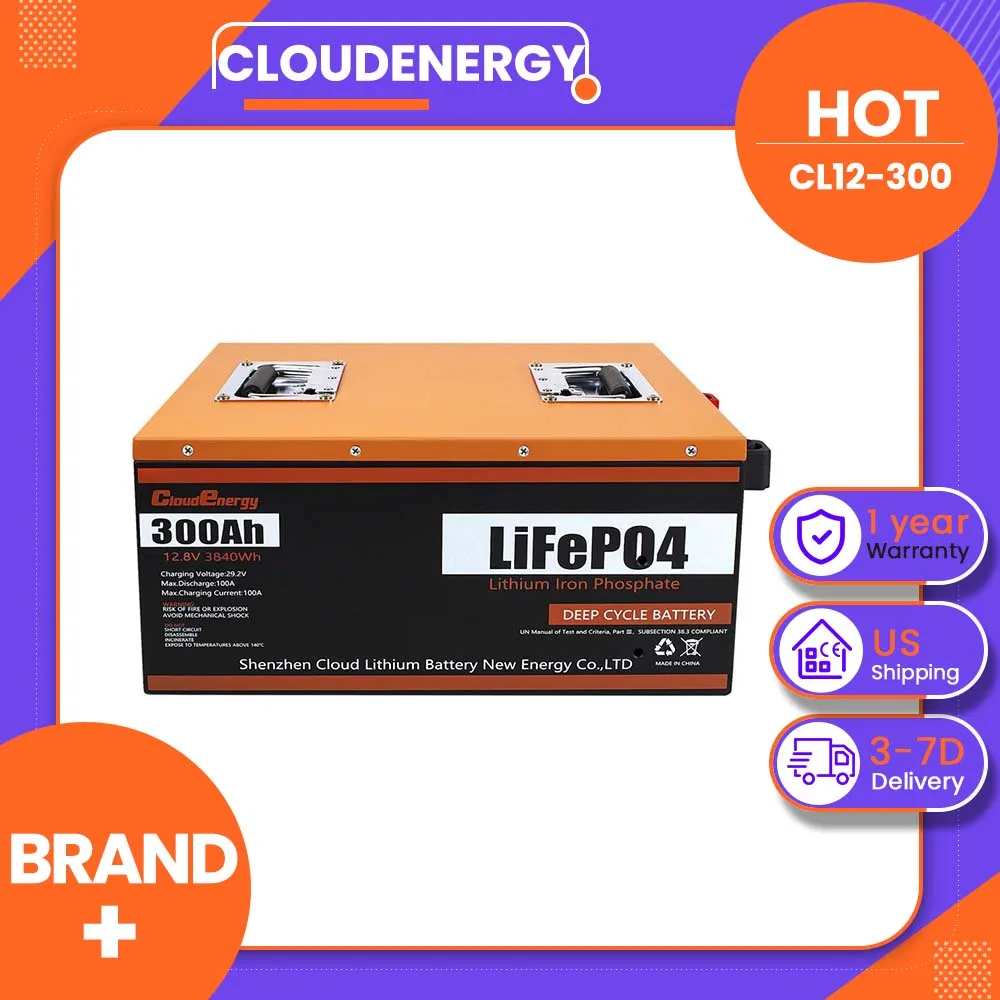 Cloudenergy CL12-300 12V 300Ah LiFePO4 Battery, 3840Wh Lithium Battery with 100A BMS, 6000+ Deep Cycles, 10-Year Lifespan, Grade A Cells, IP63 Waterproof, Expandable in Series and Parallel for RV, Solar, Marine, Camper, Off-Grid Systems