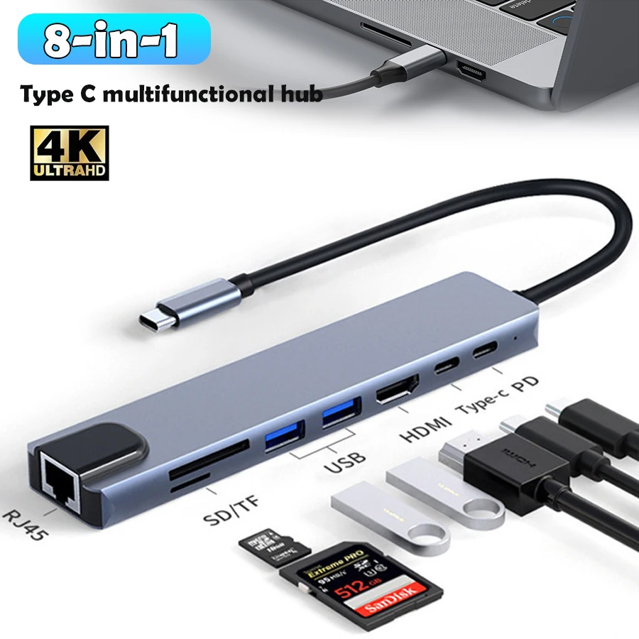 Adaptador multipuerto de concentrador USB C 8 en 1 con HDMI/4K/USB 3,0/lector de tarjetas SD/carga PD para MacBook/Windows/portátil
