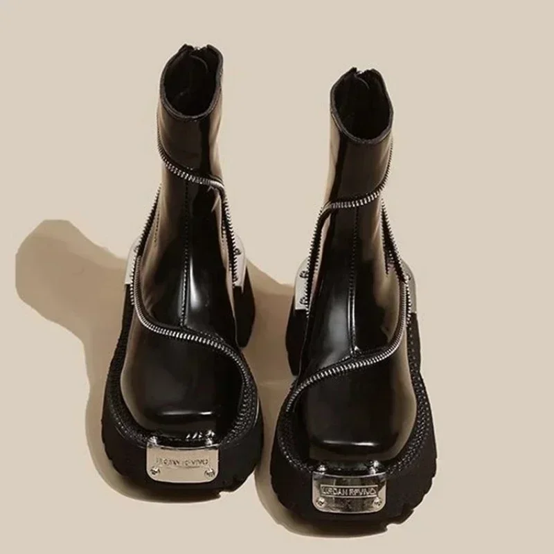 Bota de tornozelo com zíper para mulheres, dedo do pé redondo, monocromática, quente, cano curto, salto médio, impermeável, sapatos femininos, inverno, novo, 2022