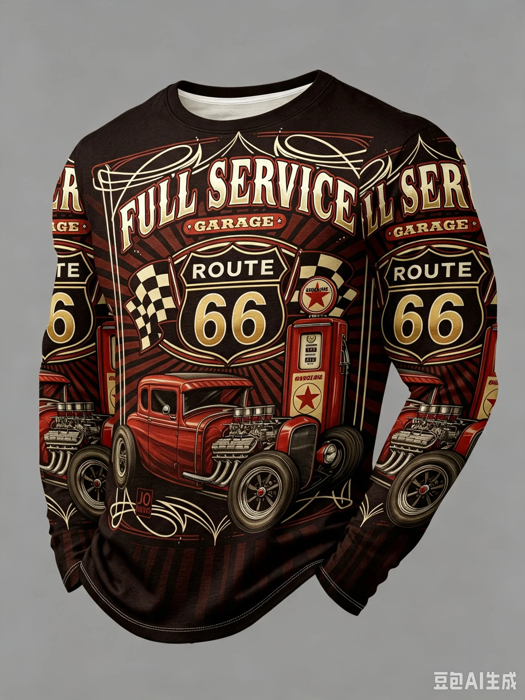 Men’s Route 66 Graphic Long Sleeve T-Shirt Vintage Car Print Casual Crew Neck Top  Autumn Thin Fashion Pullover