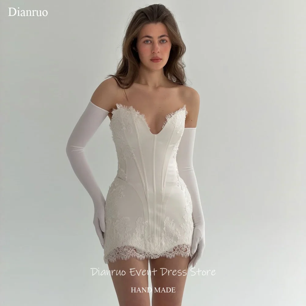 

Dianruo No Gloves Wedding Dress Sleeveless Lace Tirm Bodycon Appliques Vestido De Noiva Mini Chic Robes De Mariée Customized