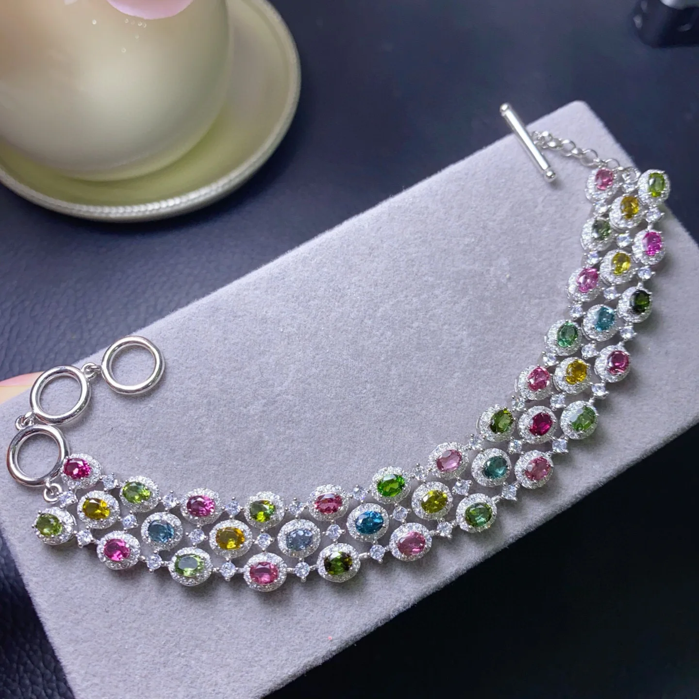 S925 White Gold Plated Tourmaline Bracelet, 3x4mm Triple-Layer Candy Gems, Playful Jewelry for Vacation & Summer Style