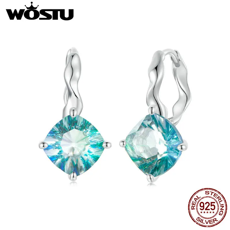 WOSTU 925 Sterling Silver 7MM Square Cute Blue-green Tourmaline Earrings For Women Clear Crystal Hoop Earring Wedding Jewelry