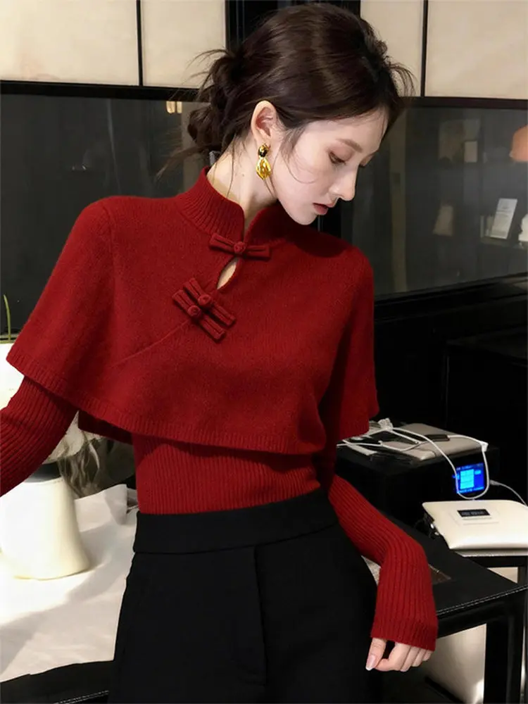 

Красный новогодний китайский вязаный свитер для женщин, осенне-зимний комплект из двух предметов с воротником на пуговицах, теплый и уютный, модный