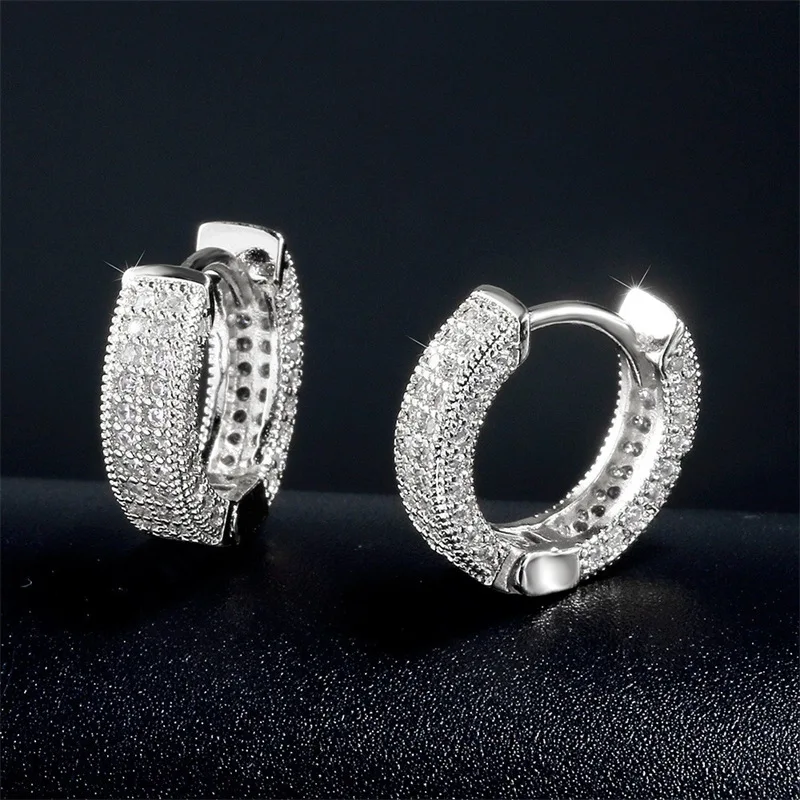Hip Hop Sparkling White Zirconia Circle Earrings for Women Men Small Huggie Click Top Ear Hoops Party Jewelry Wholesale