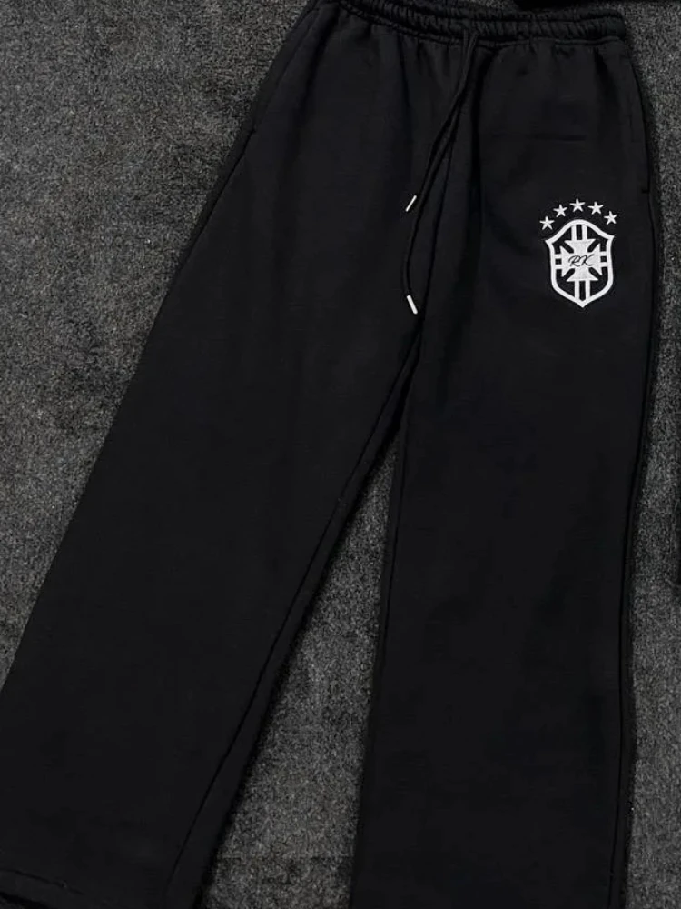 Y2k inverno punk hip-hop na moda bordado padrão casual versátil cordão cintura jogging calças retas casal esporte