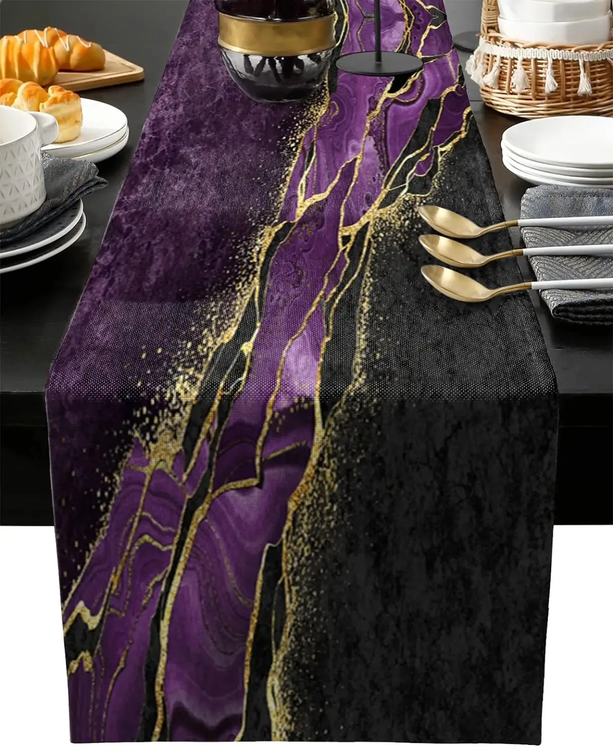 Purple Black Gold Marble Table Runner, Modern Luxury Abstract Agate Vein Print, Dining Kitchen Party Home Table Decor