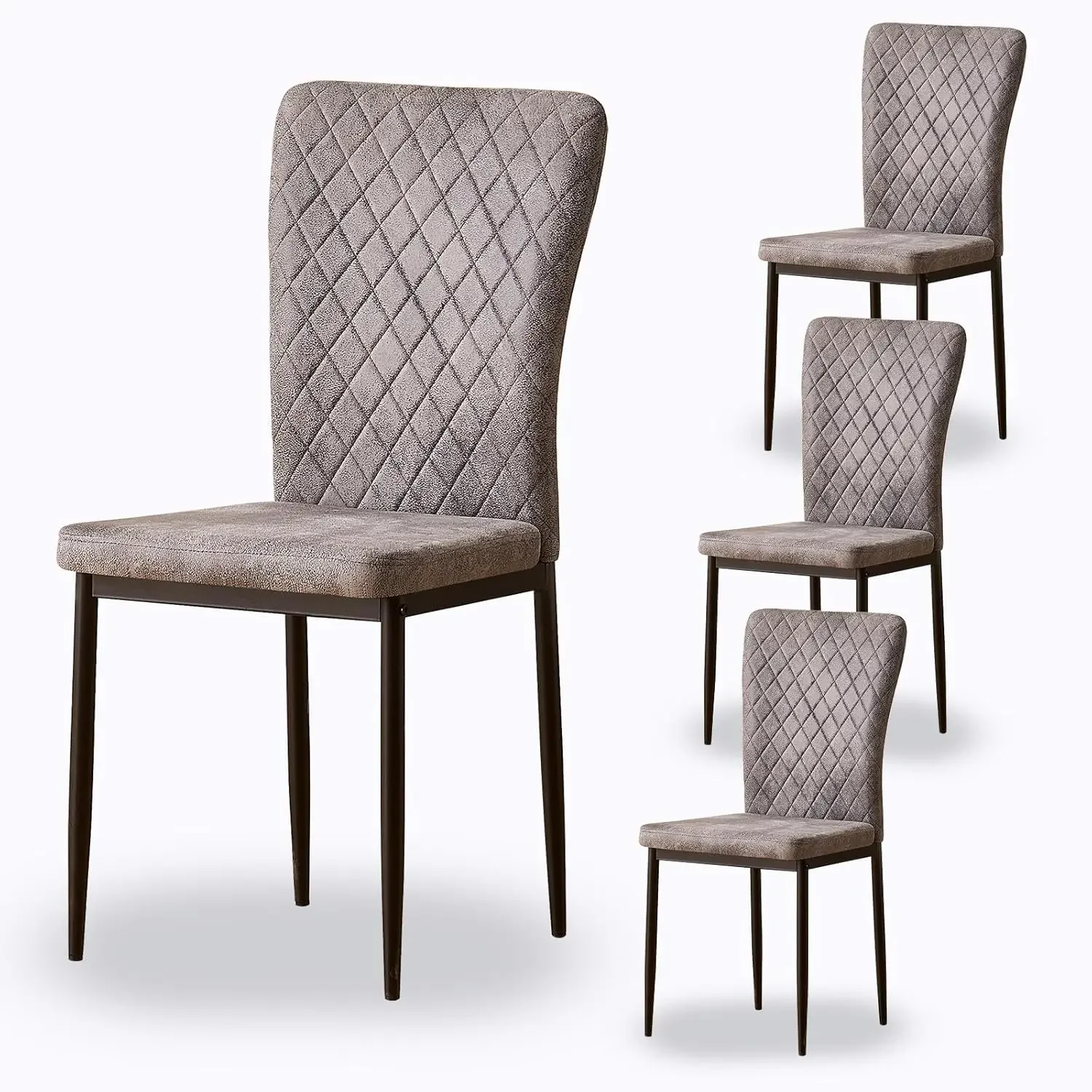 Suede Light Grey Dining Chairs Set of 4- Modern Armless High Back Upholstered Soft Seat with Black Metal Legs for Dinin