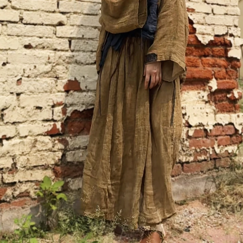 

Women Ramie High-Waist Long Maxi Skirts Autumn Fall Wandering Vintage style Loose Maxi Falda Saias Casual Korean A Line Jupe