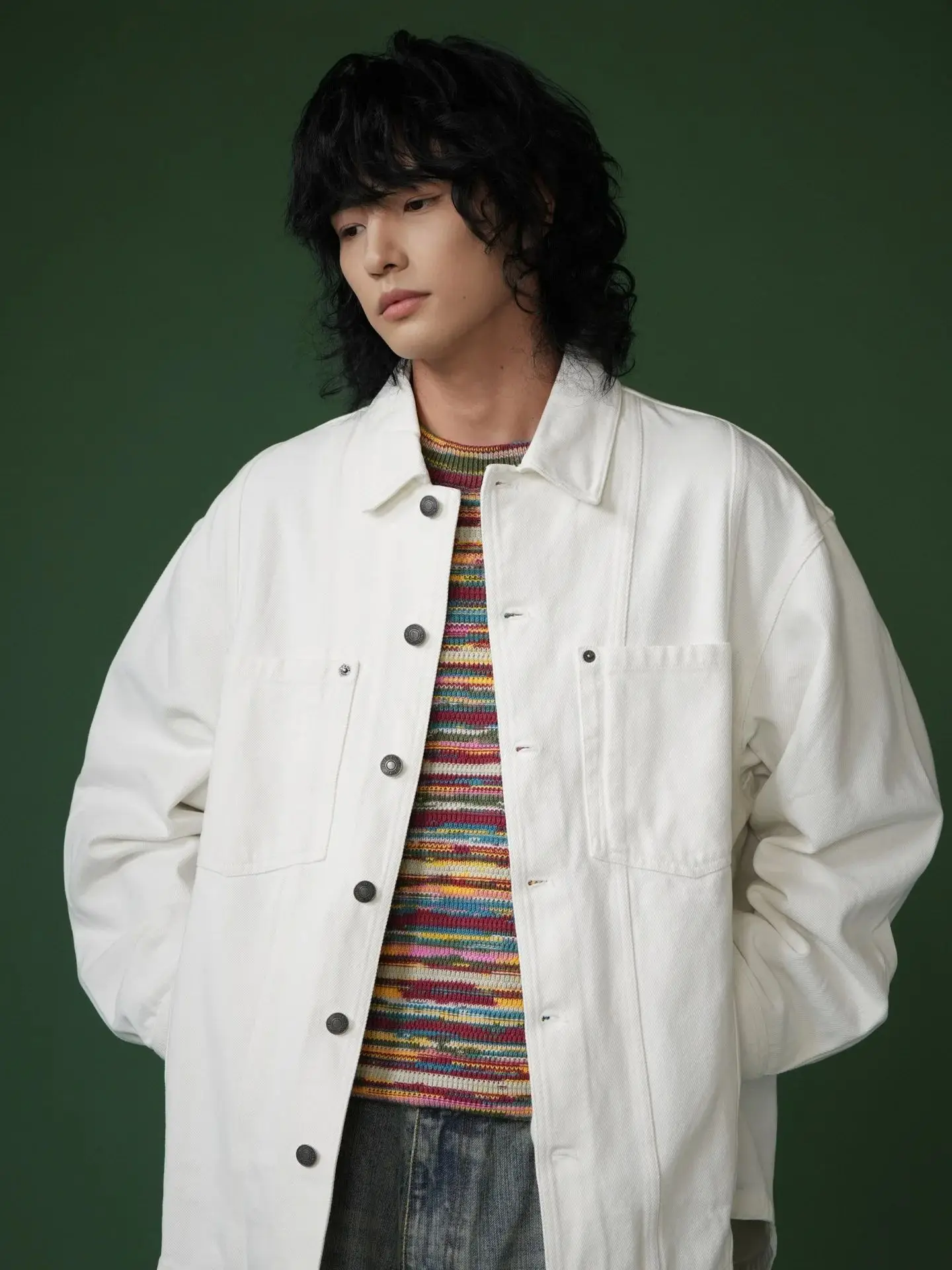 

Pure white denim retro simple solid washed denim coat for men, trendy brand, loose fit, casual, casual jacket shirt for couples