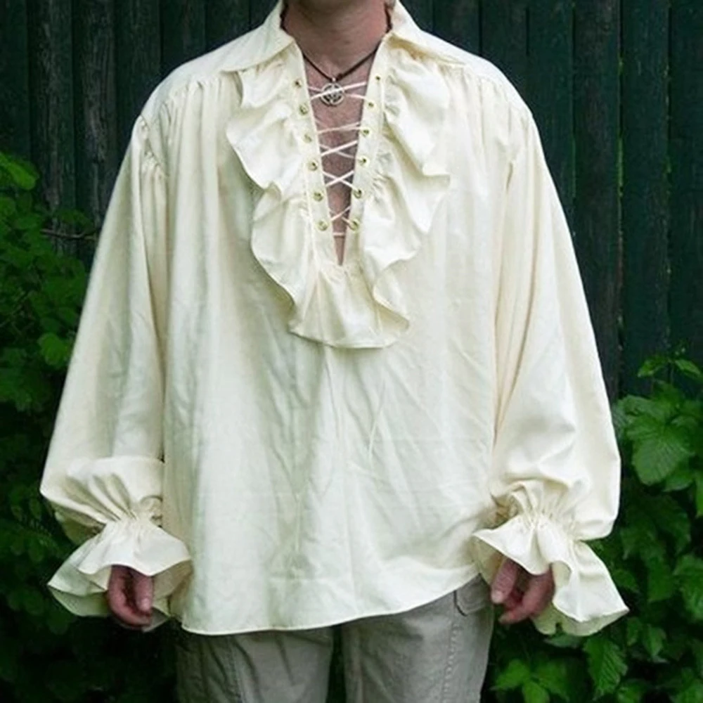 Costume de la Renaissance pour hommes, manches longues à volants, à lacets, chemise de Pirate Steampunk médiéval, Cosplay Prince, Costume de scène de drame