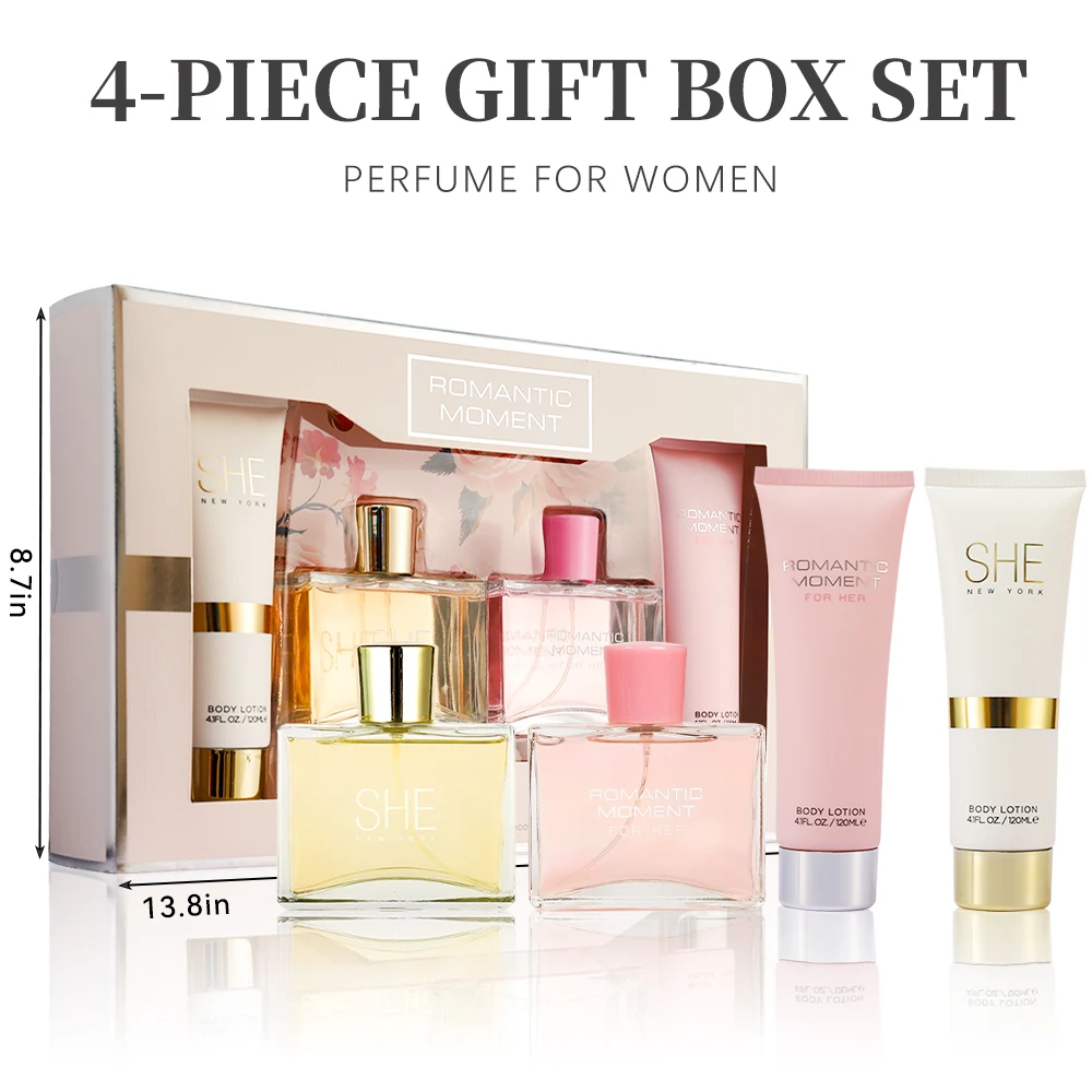 Eau de Parfum-Juego de Spray y loción corporal para mujer, juego de regalo, fragancia, 2 piezas, 3,4 Fl. oz EDP Spray y 2 piezas, 4,1 Fl. oz, loción corporal ROMANT