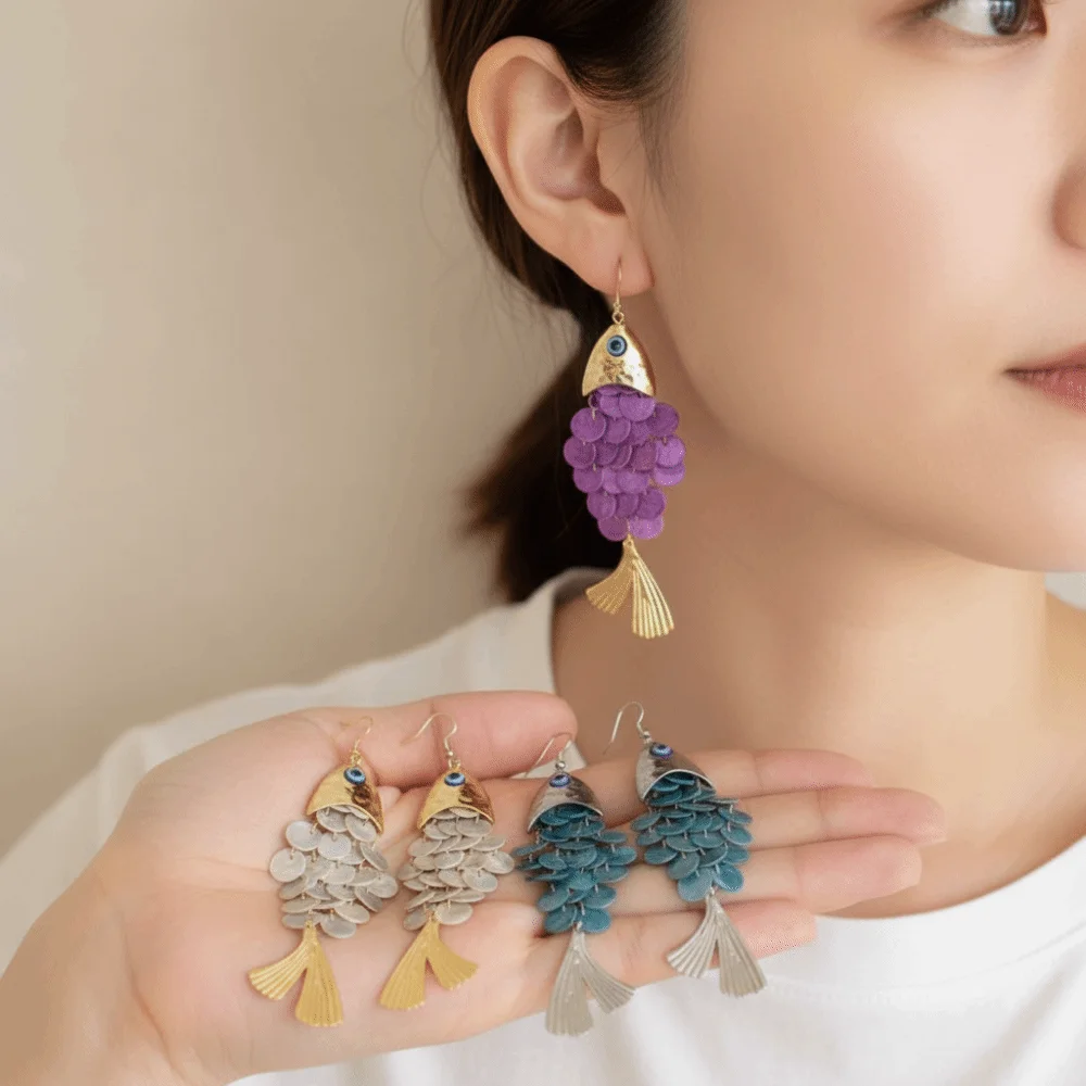 Personality Fish-shaped Earrings Elegant Alloy Imitation Shell Tassel Earrings Ear Hook Design Scaly Dangle Earrings Festival