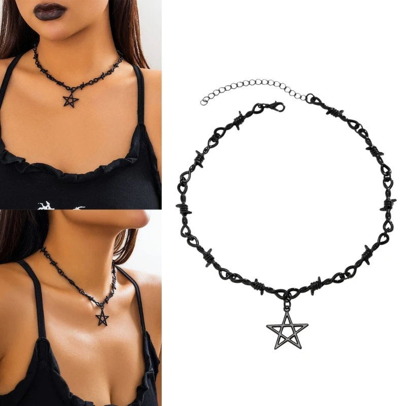 2023 New Hip Hop Thorn Star Necklace Gothic Pendant Neck Chain Adjustable Y2K Neckwear