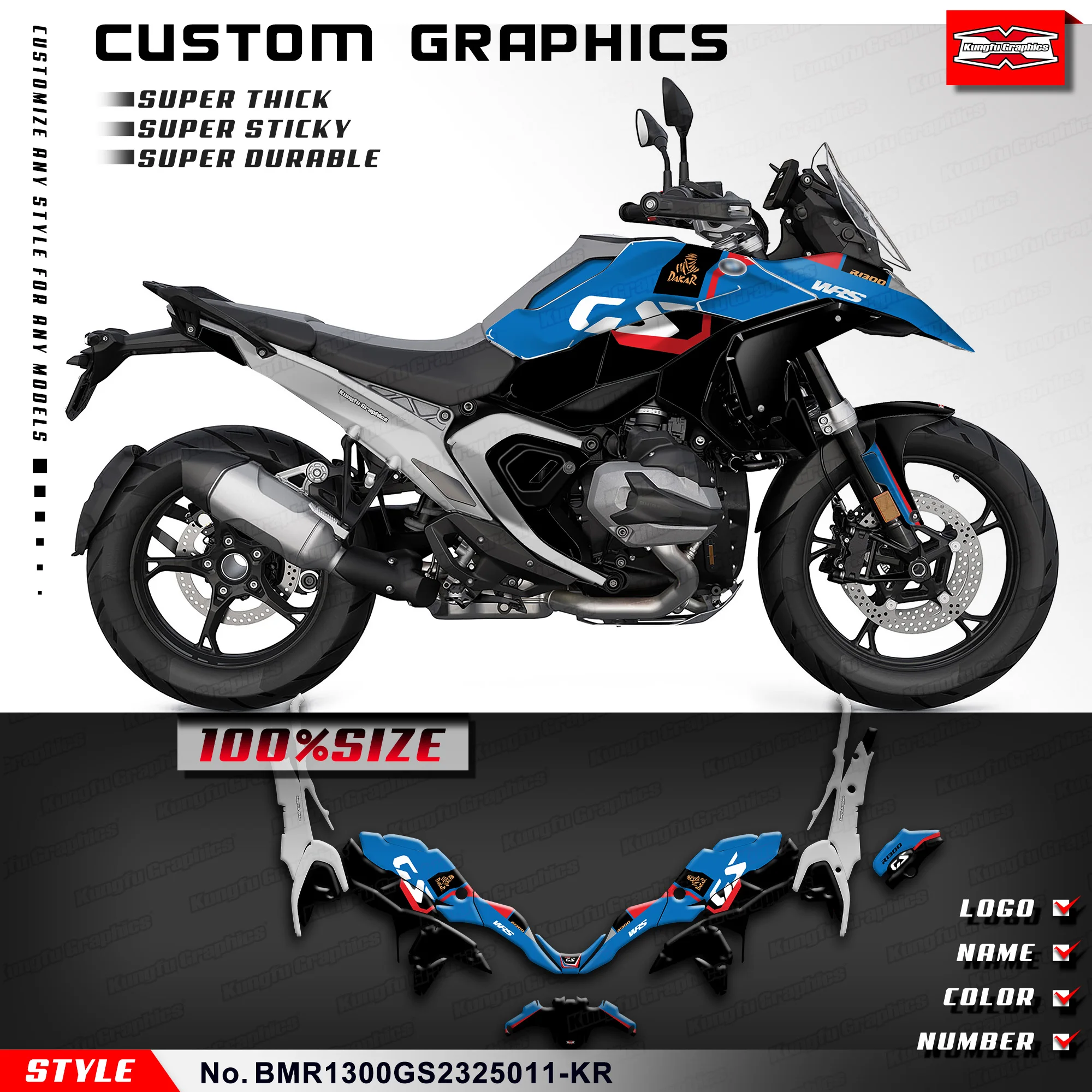 

KUNGFU GRAPHICS Stickers Complete UV Resistant Laminate for R1300GS R 1300 GS 2023 2024 2025, Rebuilding, BMR1300GS2325011-KR
