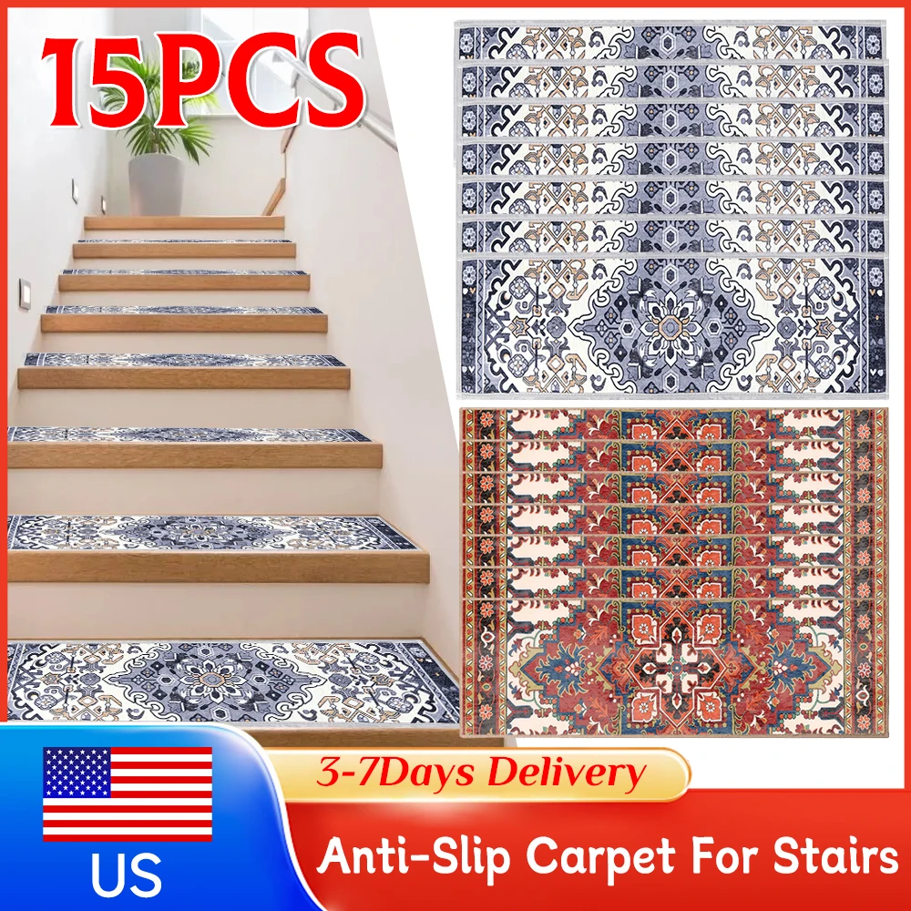 

15PCS Non Slip Self-adhesive Stair Tread Rugs Bohemian Chenile Carpet Pads Safety for Dogs Kids Elder Indoor Home Wooden Steps ﻿