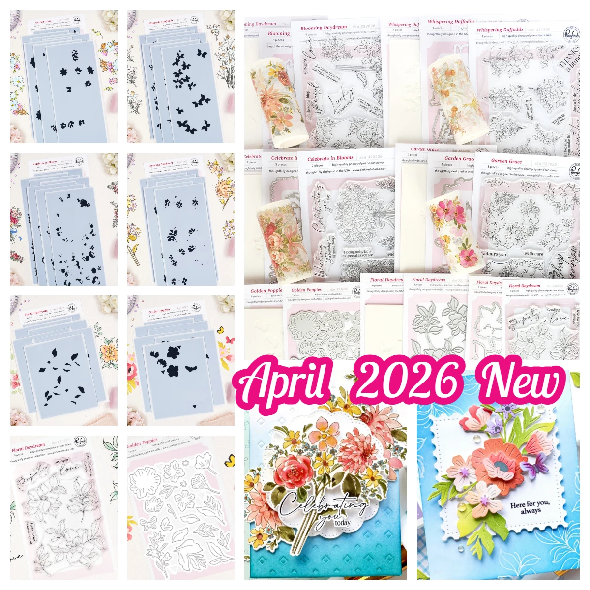 

2026 April Pink Fresh Golden Poppies Celebrate in Blooms Whispering Daffodils Stamp Dies Stencils DIY Florals Notion Story Lace