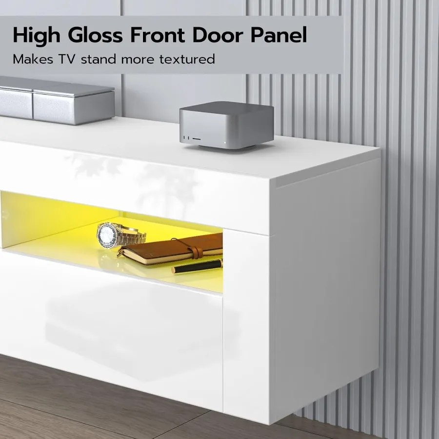 حامل تلفزيون LED عائم لتلفزيون 85 Ih مع أرفف زجاجية وخزانة 71 Ih وحدة تحكم وسائط مركز الترفيه الحديثة مع أرفف زجاجية #5