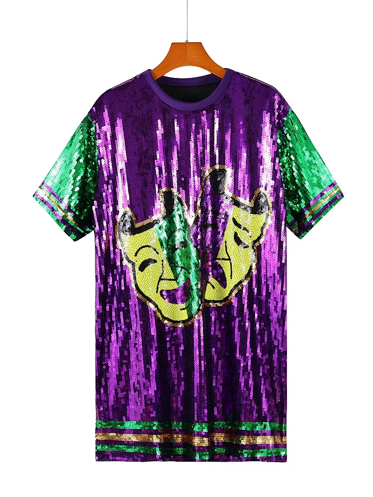 Robe en Jersey à paillettes imprimées Twin Jesters colorées, Costume de Festival de Mardi Gras, t-shirt ample à paillettes