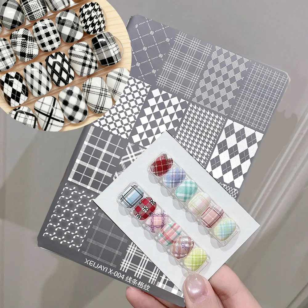 1Pcs Multi-pattern Line Plaid Nail Stamping Plate Stainless Steel Grid Checkerboard Nail Stamp Template Plaid Nail Stencil Tools
