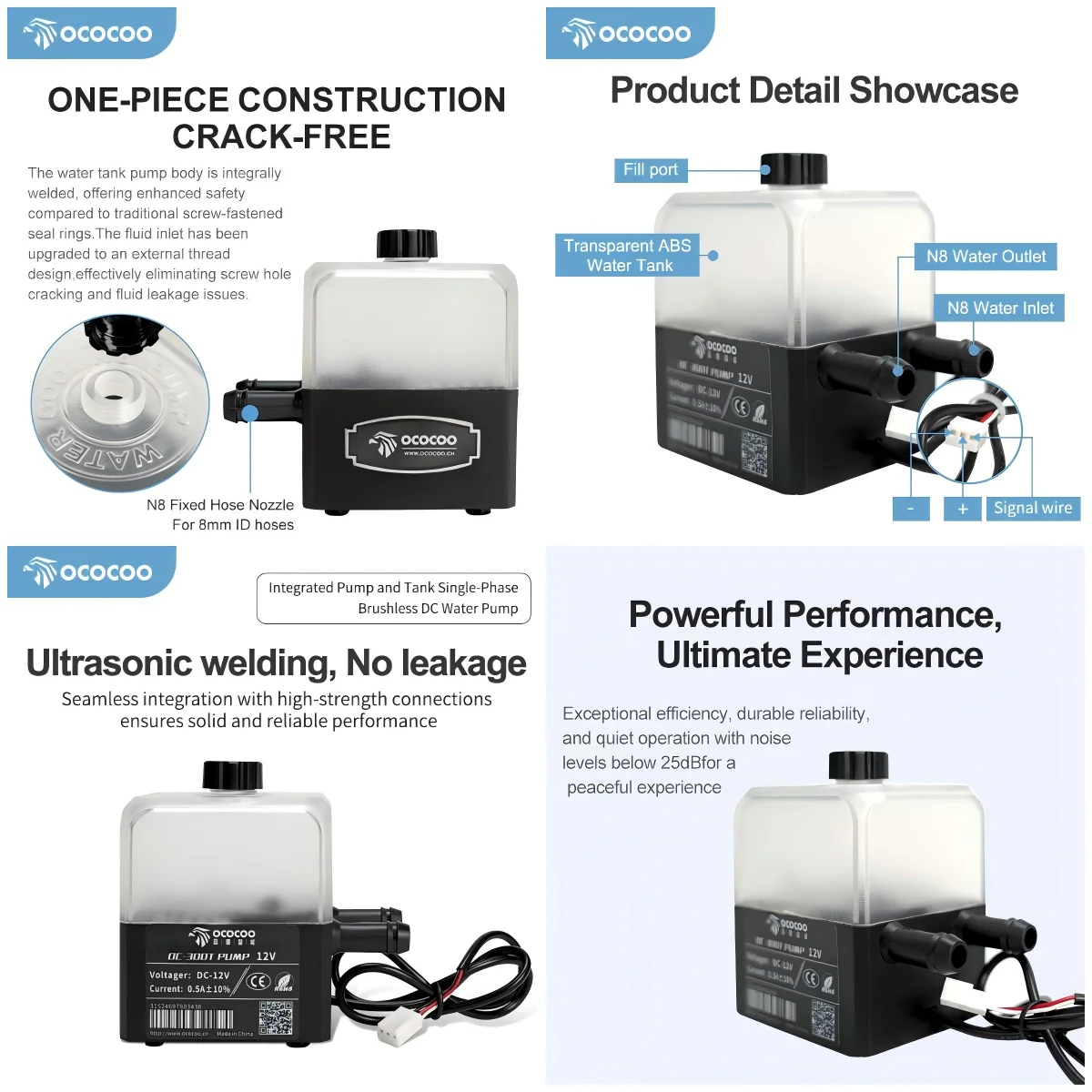 OCOCOO Water Cooling Pump for Laser Engraver  Silent Long Lifespan Anti-Corrosion High Performance OC-300T DC 12V