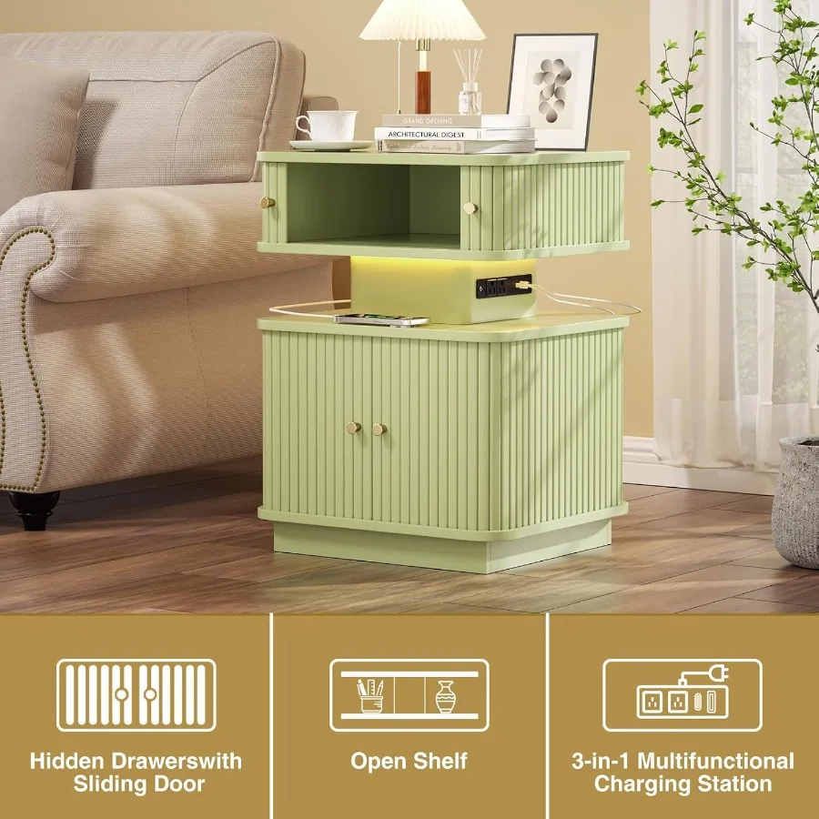 Nightstands Set of 2 with Charging Station Modern Night Stands Set 2 with Smart Led Light and Small Sliding Door Cabinets Curvy