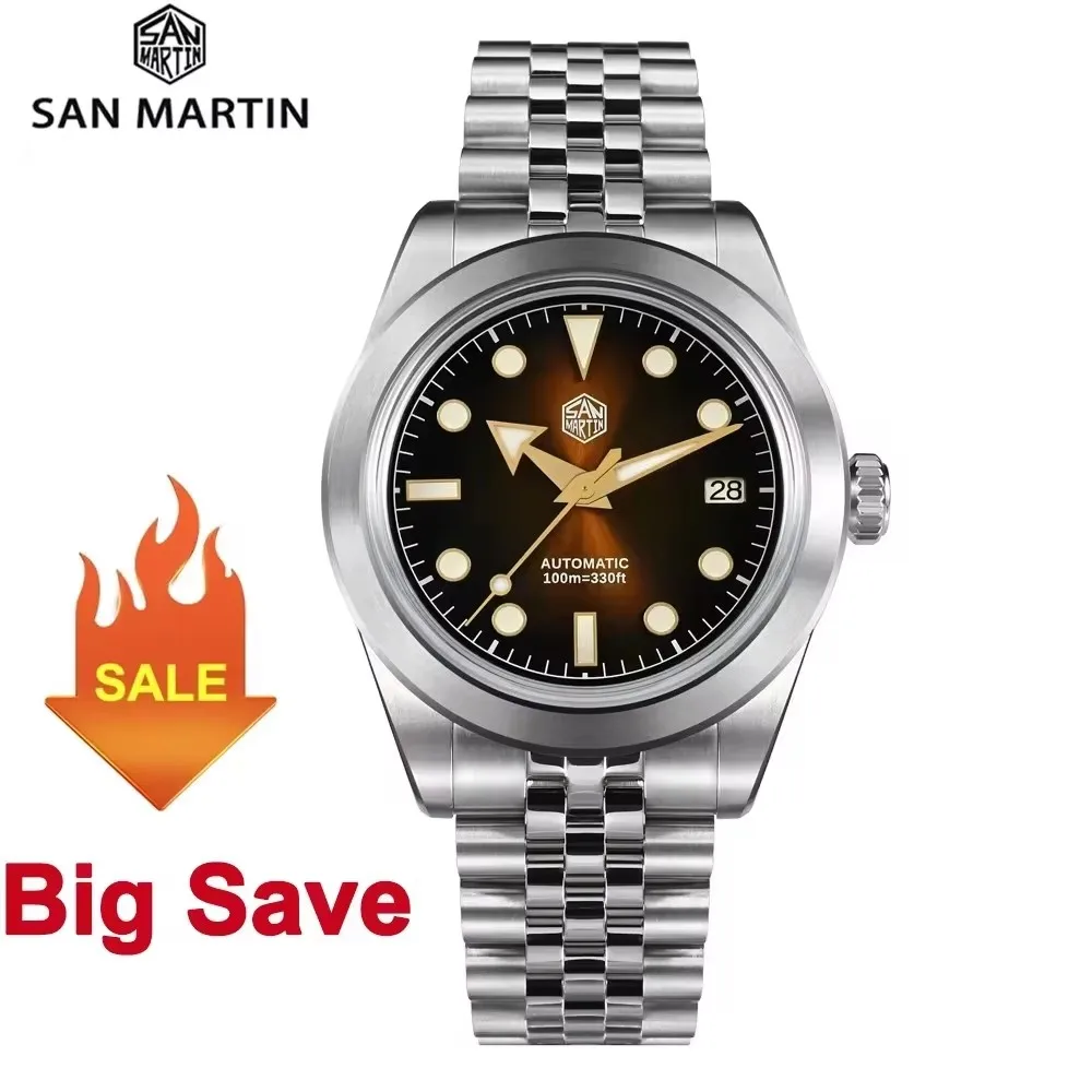 

San Martin SN0053 39mm Men Watch NH35A Automatic Mechanical Sunray Enamel Dial Sapphire 100m Waterproof BGW Luminous Watches