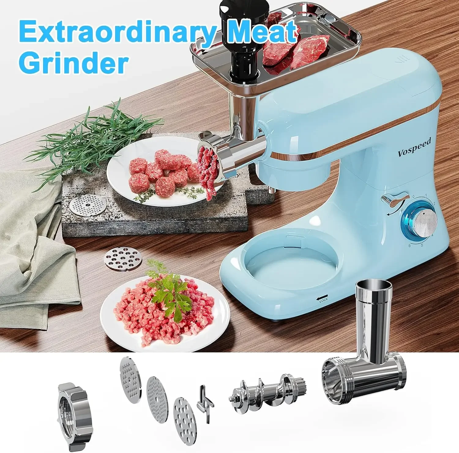 Mixer, 850W Tilt-Head Multifunctional Electric Mixer with 7.5 QT Stainless Steel Bowl, 1.5L Glass Jar, Meat Grinder, Hook, Whisk