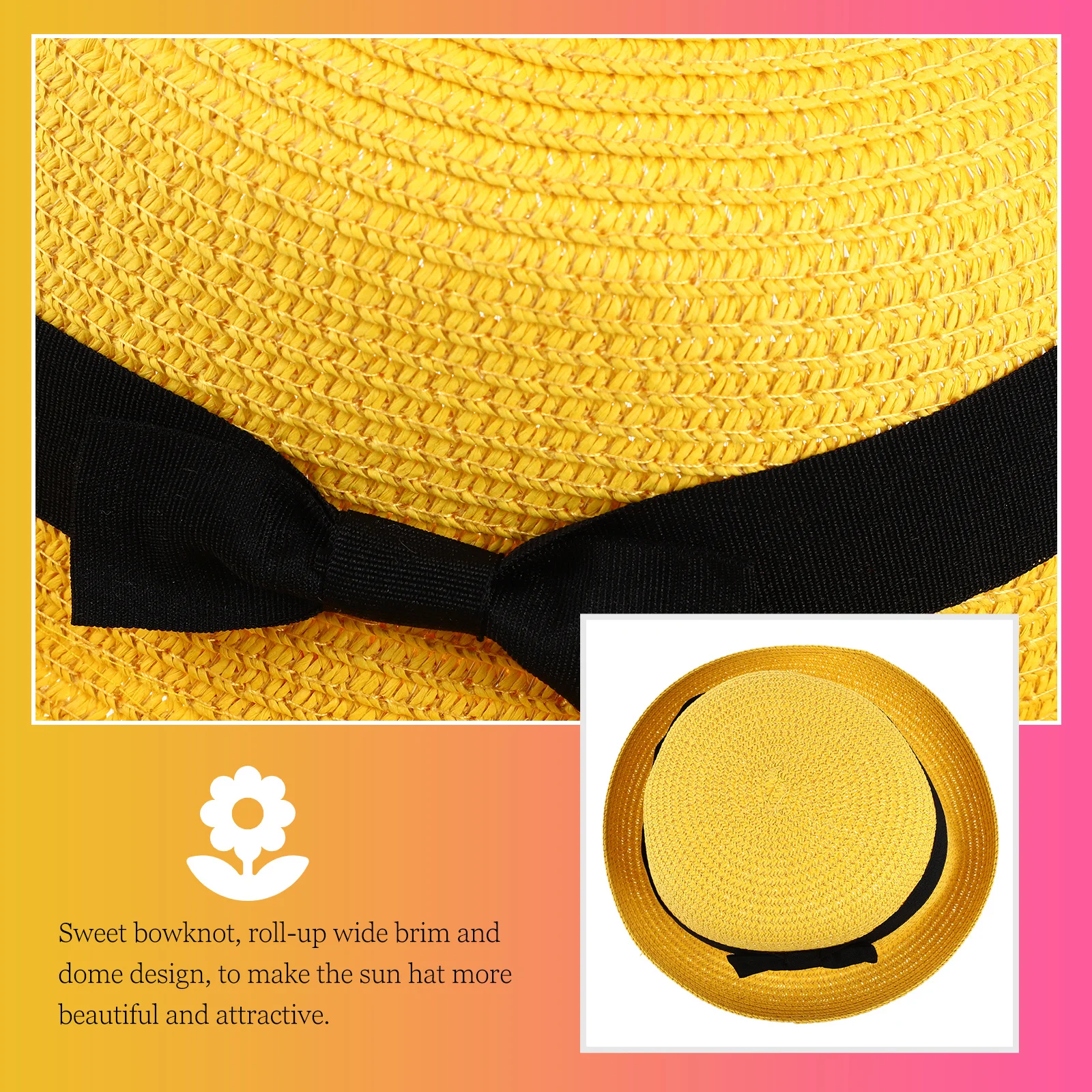 

Women'S Yellow 27X27X10Cm Foldable Bowler Hat Women Wide Brim Dome Bowknot Beach Summer Outdoor Beach For Women Hat