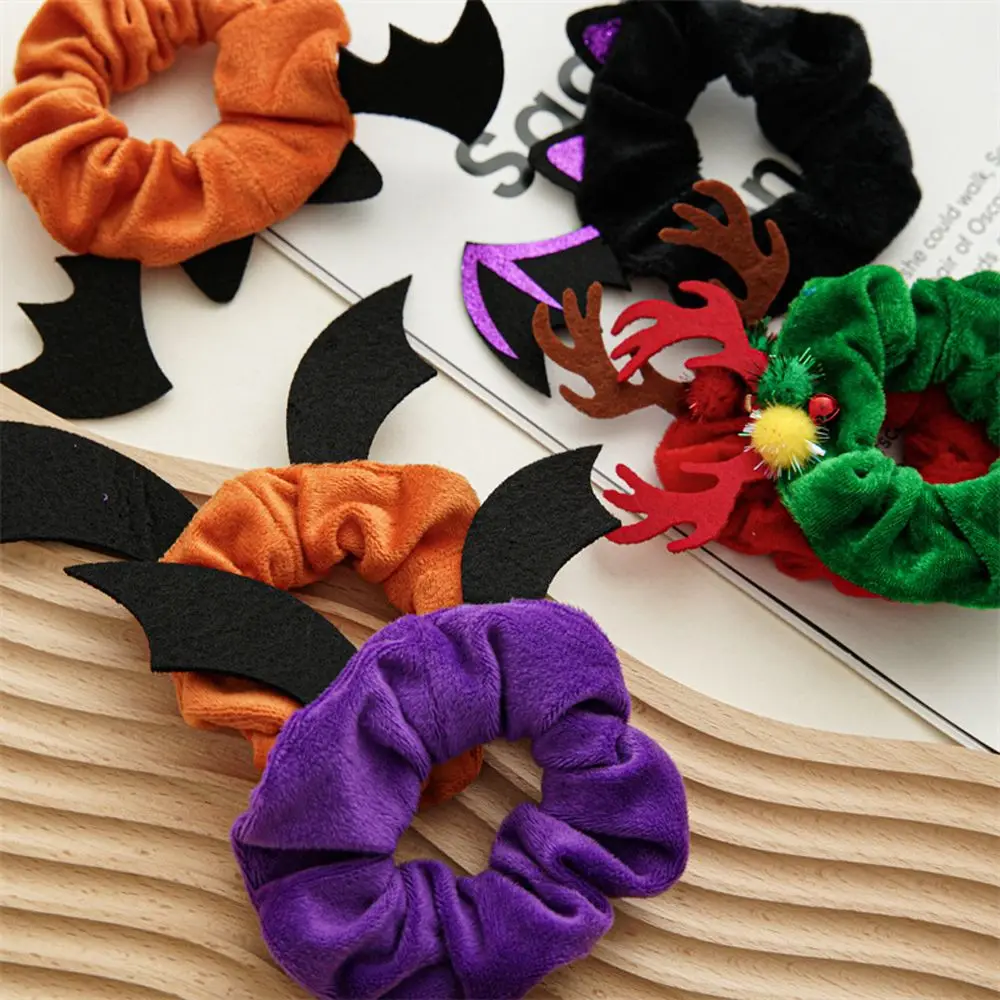 

Female Hair Ties Cloth Bat Halloween Christmas Antler Women Hair Rope Flannel Scrunchies Elastic Hair Bands Ponytail Holder