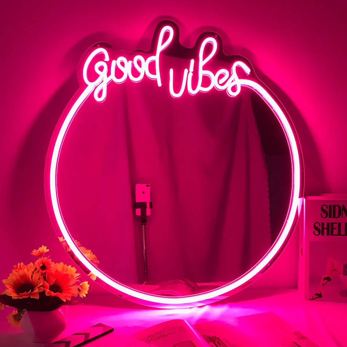 espelho de maquiagem led neon para meninas boas vibracoes luz rosa decoracao do quarto personalizado lampada atmosferica noturna espelho cosmetico dropshipping 01