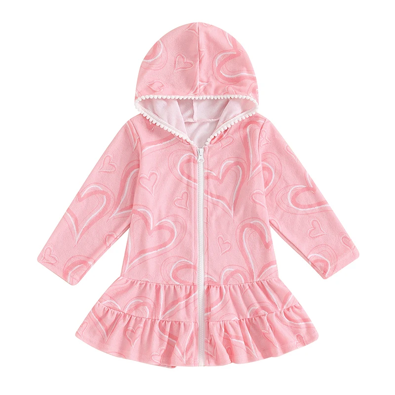 

Kids Toddler Girl Swim Cover Up Long Sleeve Heart Print Zip Up Beach Cover-up Hooded Bathrobe