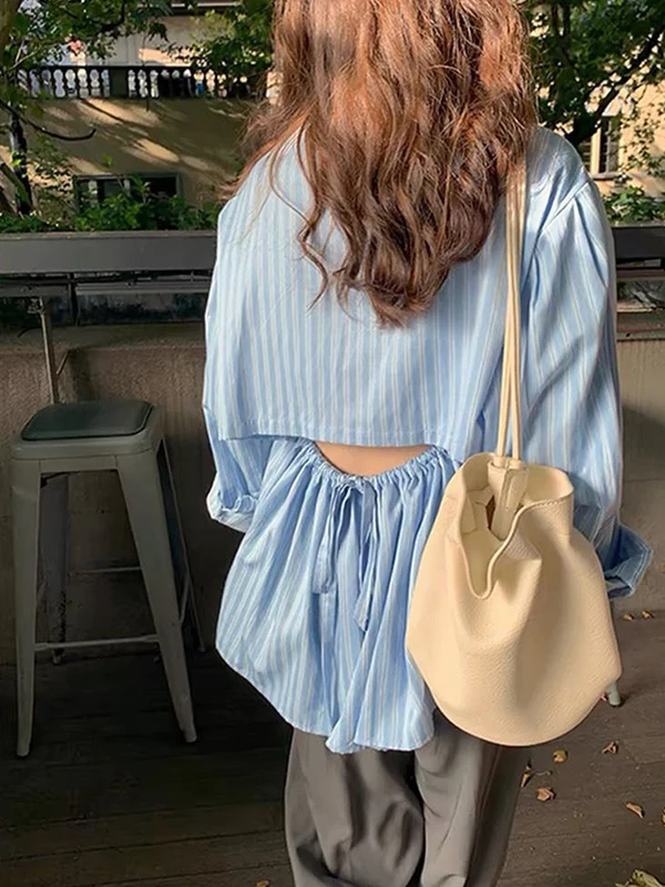 

plus Size 300 Pou Fat MM Blue Striped Long Sve Women's irt Korean Design Small Size Top Summer Loose Fit