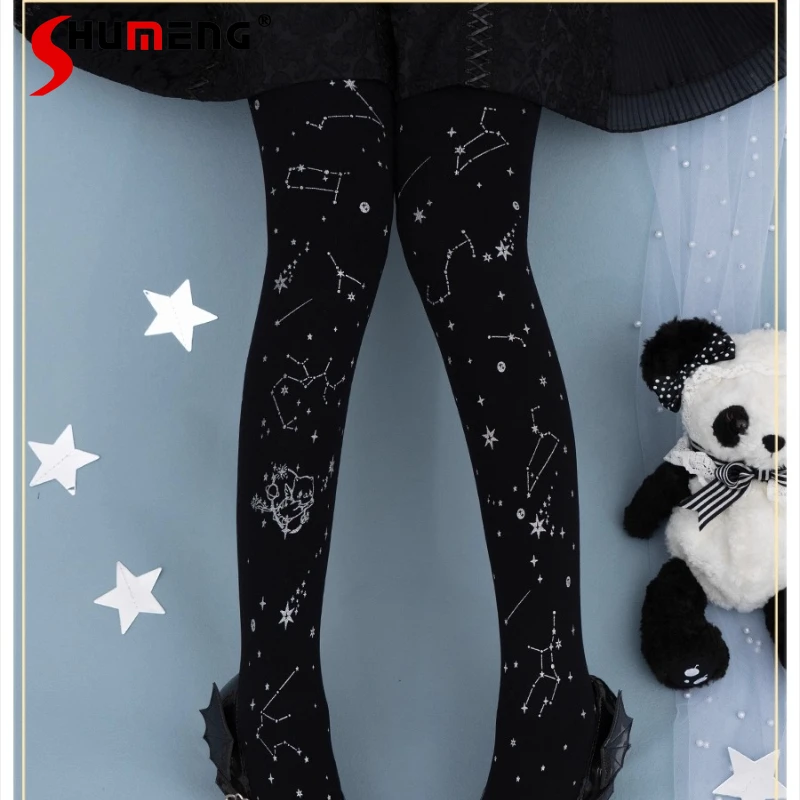 Japanese Lolita Black Silver Tights Starry Sky Cat Galaxy Constellation Rojita Pantyhose 2025 Spring And Autumn Socks For Ladies