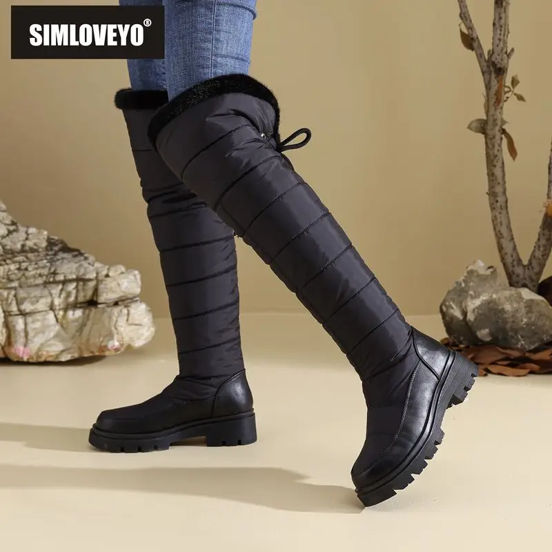 

SIMLOVEYO 2025/женские черные зимние зимние ботинки с круглым носком, на массивном каблуке, на шнуровке, водонепроницаемые, повседневные, повседневные, выше колена, размеры 42-44